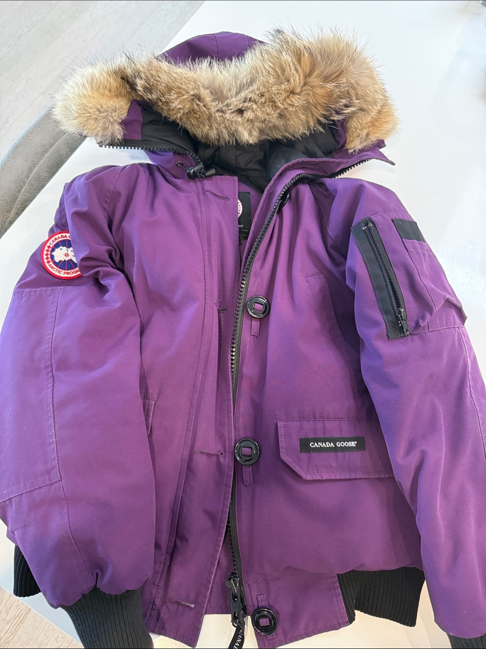 Canada Goose Purple Bomber Jacket with Fur-Trim Hood